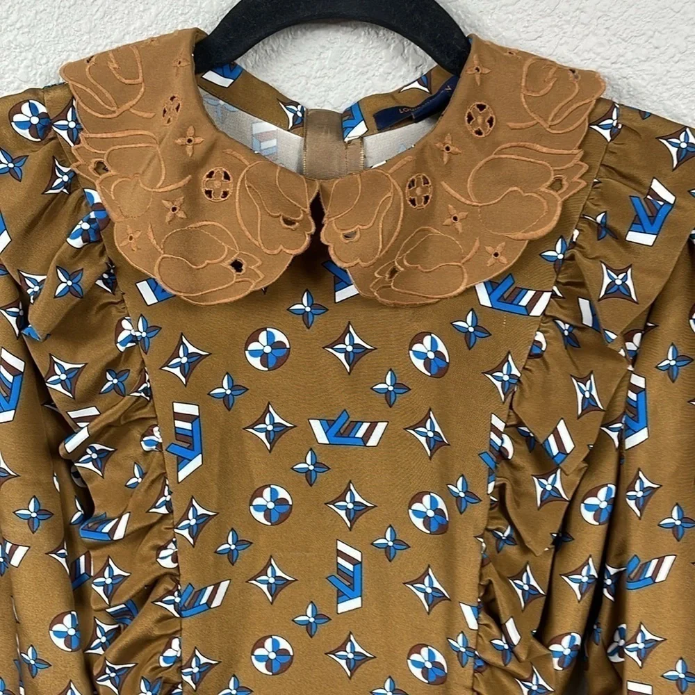 Louis Vuitton Retro Multicolor Monogram LV Collared Ruffle Mini Dress Silk 38